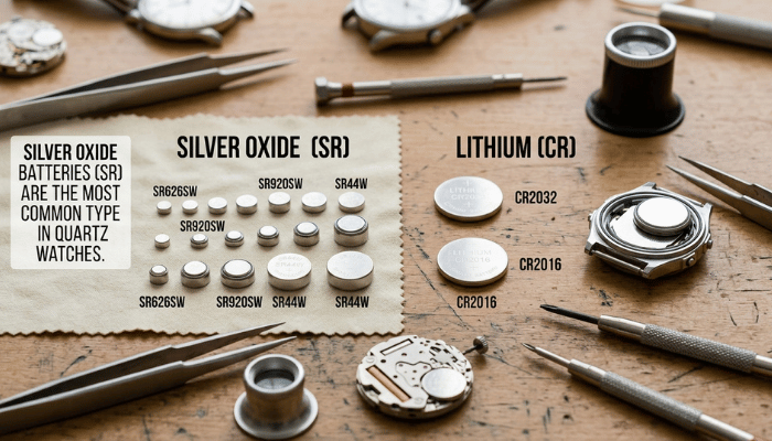 Different watch battery types including silver oxide