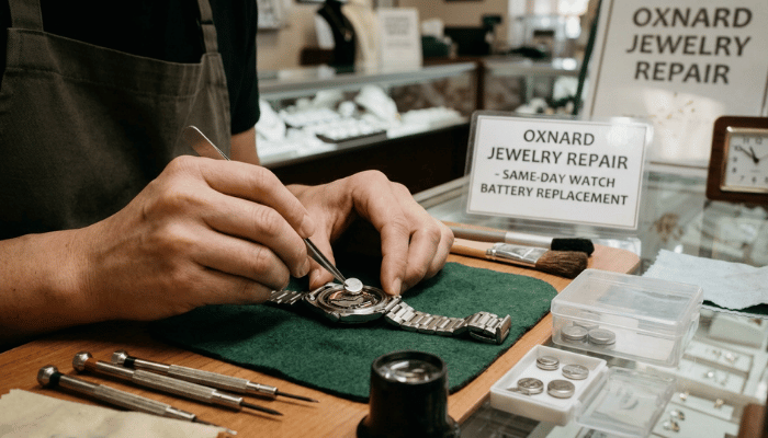 Jeweler replacing watch battery at Oxnard Jewelry