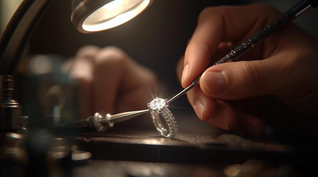 jewelry repair workshop in Oxnard, California, professional jeweler carefully resizing a sparkling wedding ring under a bright bench lamp, close-up macro view of hands using precision tools